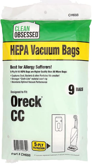 Clean Obsessed H-10 HEPA Bags Fits Oreck Type CC Upright Vacuum Cleaners (9 Bag Pack)