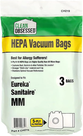 Clean Obsessed H-10 HEPA Bags - Type MM, Fits Eureka Mighty Mite & Sanitaire Models - 3 Cloth HEPA Bags per package