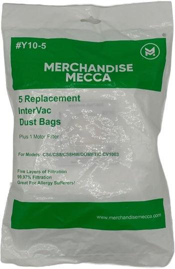 Premium Replacement Bags for Intervac #Y10 Fits Models CS-6, CS-8 & CS-10 - Contains 5 Cloth Bags & 1 Motor Filter - Aftermarket Replacement for Part #Y10-5