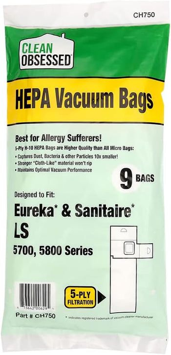 Clean Obsessed H-10 HEPA Bags Fits Eureka & Sanitaire LS 5700, 5800 series - 9 Cloth-Like HEPA Bags Per Package