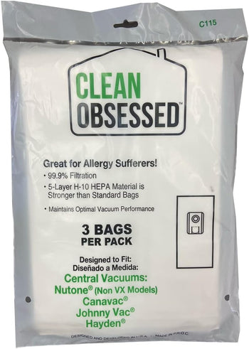 Clean Obsessed H-10 Replacement Bags for Nutone, Canavac, Johnny Vac & Hayden Central Vacuums, Includes 3 H-10 HEPA Cloth-Like Bags