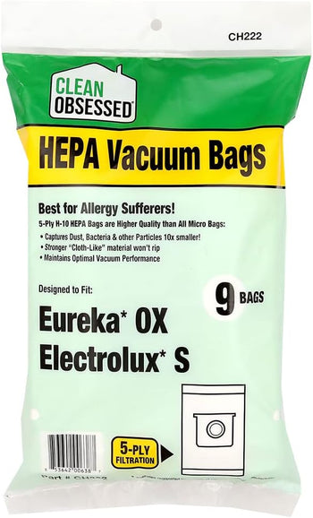 Clean Obsessed H-10 HEPA Bags Fits Eureka OX & Electrolux S - 9 Cloth-Like HEPA Bags Per Package