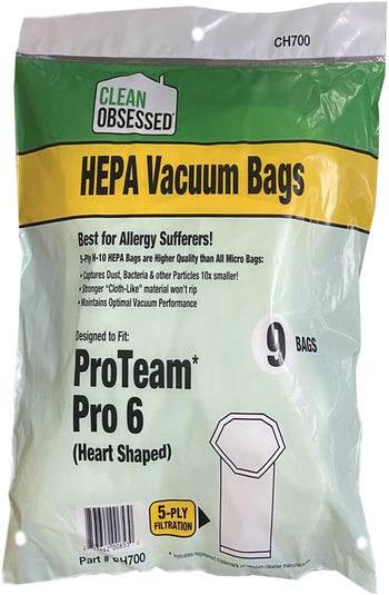 Clean Obsessed H-10 HEPA Bags Fits ProTeam Super Coach Pro 6, GoFree Flex Pro and ProVac FS 6 (9 Bag Pack)