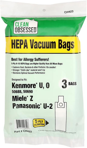 Clean Obsessed H-10 HEPA Bags Fits Kenmore U, O 50688, 50690, Miele Z & Panasonic U-2. - 3 Cloth HEPA Bags per package