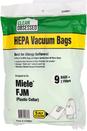 Clean Obsessed H-10 HEPA Bags Type Miele FJM - 9 Cloth HEPA Bags per package, 1 Motor Filter & 1 Superior Air Clean Filter