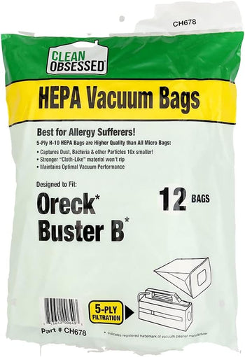 Clean Obsessed H-10 HEPA Bags Compatible with Oreck BB Part # PKBB12DW & PKBB12OF (12 Pack of Bags)