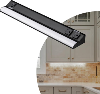 American Lighting 18-Inch LED Courant Undercabinet Light with Two Receptacles, 5CCT, Black Finish, 120V AC, 12W, 720 Lumens, CRI 90, 15 Amp, Ideal for Kitchen, Workspace, Retail Display, Under Shelve