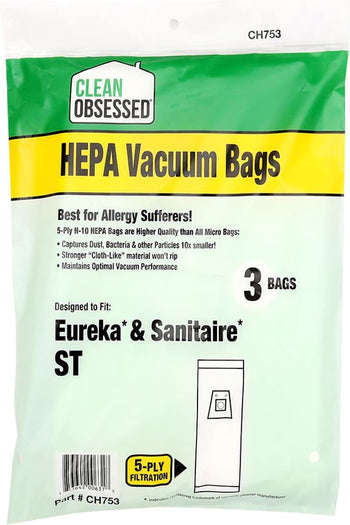 Clean Obsessed H-10 HEPA Bags Fits Eureka & Sanitaire Type ST (3 Bag Pack)