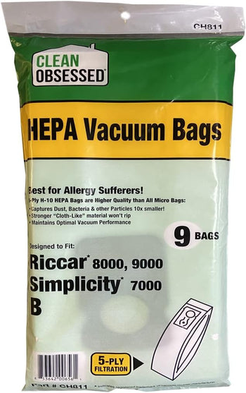 Clean Obsessed H-10 HEPA Bags Fits Riccar 8000, 9000 & Simplicity 7000 Type B (9 Bag Pack)