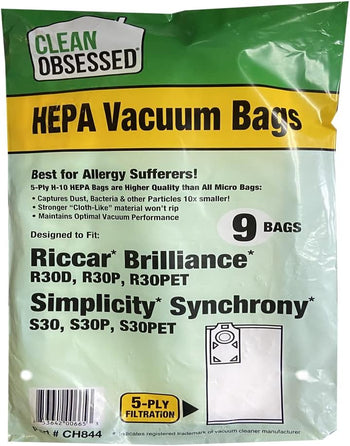 Clean Obsessed H-10 HEPA Bags Fits Riccar Brilliance R30D, R30P, R30PET & Simplicity Synchrony S30, S30P, S30PET. (9 Bag Pack)