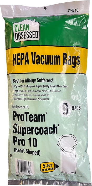 Clean Obsessed H-10 HEPA Bags Fits Proteam SuperCoach Pro 10 (Heart Shaped) 9 Pack of Vacuum Bags - Best for Allergy Sufferers!