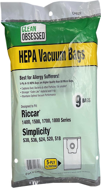 Clean Obsessed H-10 HEPA Bags Fits Riccar 1400, 1500, 1700,and 1800 Series Also Fits Simplicity S38, S36, S24, S20, & S18 Models - 9 Bags Per Package