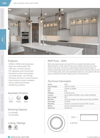 MVP Three Puck Kit, Easy to Install Dimmable Swivel Puck Lights, Linkable, cETLus Listed, 2-3/4-Inch Diameter, 4.3-Watt, 2700K White Finish, 3-Pack Puck Kit