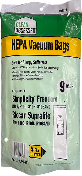 Clean Obsessed H-10 HEPA Bags Fits Simplicity Freedom R10S, R10D, S10P, S10SAND & Riccar Supralite R10, R10D, R100, R10SAND (9 Bags Per Pack)