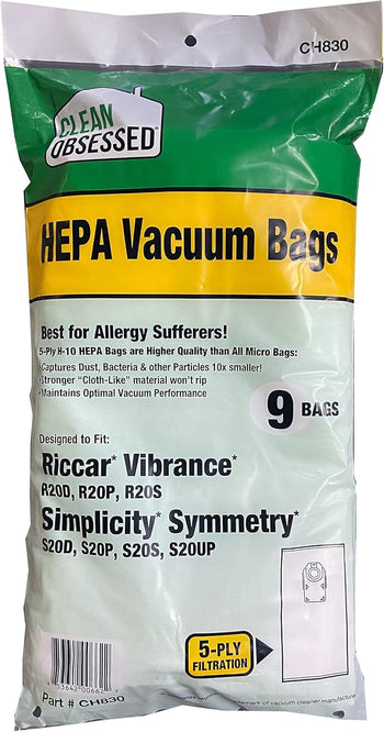 Clean Obsessed H-10 HEPA Bags Fits Riccar Vibrance Models R20D, R20P, R20S & Simplicity Symmetry S20D, S20P, S20S, S20UP